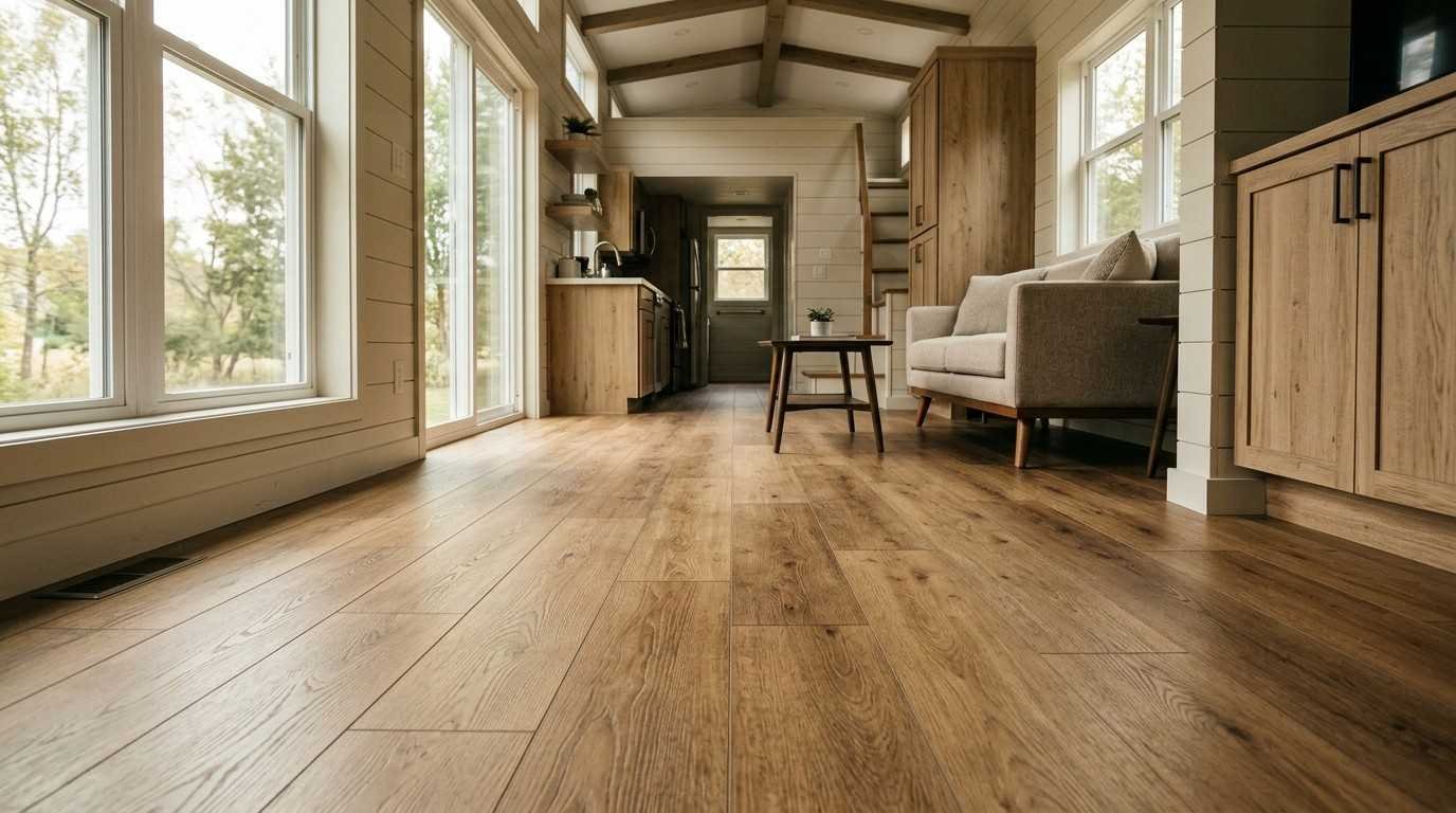 Park model home interior featuring warm wood-look plank flooring, large windows, exposed ceiling beams, natural wood cabinetry, and a cozy living area with a neutral sofa.