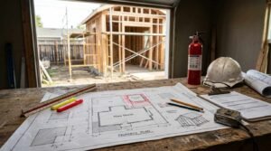 ADU property site plan blueprints, hard hat, and fire extinguisher on contractor workbench overlooking backyard wood framing