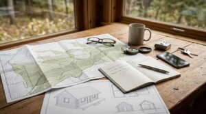 Topographic zoning map, architectural cabin floor plans, an open notebook with a pen, eyeglasses, a compass, and a coffee mug arranged on a wooden desk by a window during site planning.