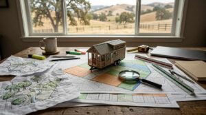 Miniature park model tiny home model placed on a colorful land-use zoning map alongside architectural scale rulers, drafting pencils, a magnifying glass, and site sketches on a wooden desk overlooking rolling hills.