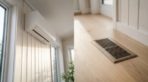 Split-view interior image showing a wall-mounted ductless mini-split air conditioner on white wood paneling alongside a flush-mounted metal floor heating and cooling register in light hardwood flooring inside a modern tiny home.