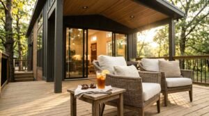 Comfortable wicker patio armchairs with plush cushions and a side table holding a glass of iced tea and sunglasses, set on a wooden porch deck of a modern park model cabin surrounded by trees.