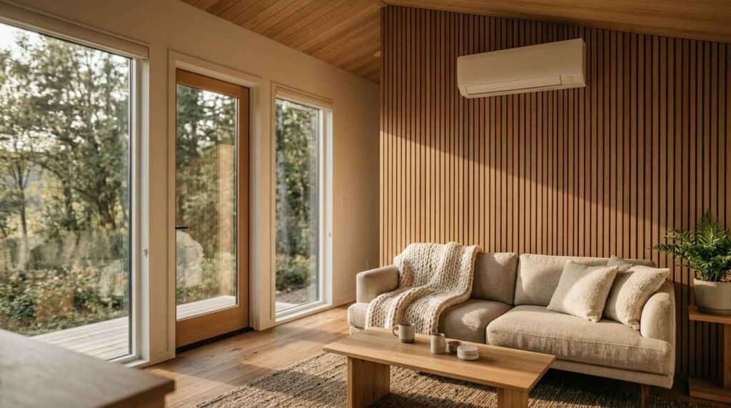 Modern living room interior featuring a wall-mounted ductless mini-split air conditioning and heating unit, vertical wood slat accent wall, comfortable sofa, and large windows overlooking wooded scenery.