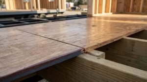 Close-up of plywood subfloor decking panels screwed onto wooden floor joists during construction of a tiny home or modular building.