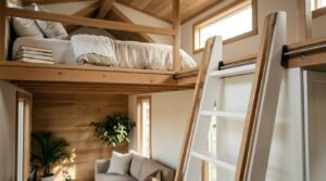 A modern wooden loft ladder leading up to a sleeping loft with a made bed, pillows, and a stack of books, overlooking a living room with a sofa and indoor plants.
