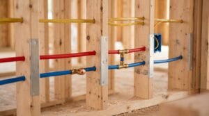 Pex plumbing lines with red and blue water pipes, yellow electrical wiring, and protective metal nail plates running through wooden wall studs during rough-in construction.