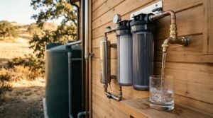 Multi-stage water filtration system with transparent filter housings and copper plumbing mounted on the exterior wooden siding of a tiny home, pouring purified water into a glass.
