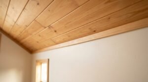 Close-up of natural wood tongue-and-groove ceiling paneling, matching trim, and neutral walls inside a modern tiny home or park model RV.