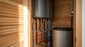 Compact utility closet featuring a wall-mounted tankless water heater, a thermal expansion tank, copper and PEX plumbing lines, and slatted wooden louvered doors in a modern tiny home or park model RV.