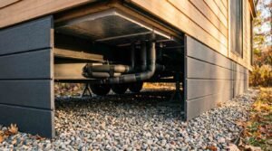 Exterior view of a tiny home underbelly showing insulated water pipes, a protective moisture barrier, and dark grey composite foundation skirting installed over a gravel pad.