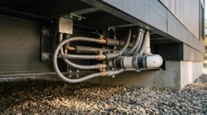 Insulated water supply lines, flexible braided hoses, shut-off valves, and PVC drainage piping mounted under the steel chassis of a park model RV.