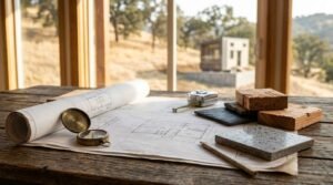 Architectural blueprints rolled out on a wooden table with a vintage brass compass, tape measure, pencil, stone tiles, and wood samples, with a modern tiny house visible through the window.