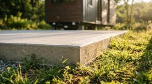Close-up of a level concrete slab foundation pad set outdoors in a grassy area with a modular tiny home or park model RV in the background.
