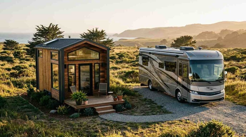 Modern wooden tiny house on wheels featuring a small front deck with potted plants, parked alongside a luxury Class A motorhome RV on a coastal gravel lot overlooking the ocean and hills at sunset.