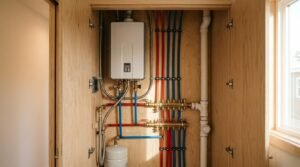 Compact utility closet inside a tiny home or park model RV featuring a wall-mounted tankless water heater, a thermal expansion tank, red and blue PEX plumbing manifolds, and a white PVC drain pipe encased in custom plywood cabinetry.