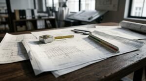 Architectural blueprints, a scale ruler, and a tape measure spread across a wooden drafting table in a design office.