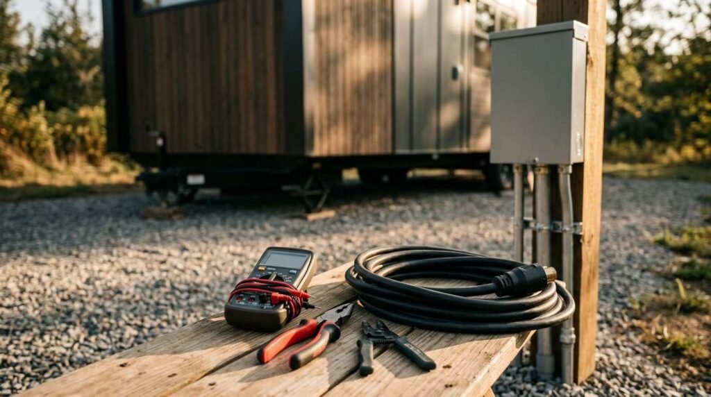 Electrician tools including a digital multimeter, wire strippers, pliers, and a heavy-duty power cord resting on a wooden bench next to an outdoor electrical panel and a tiny home on a gravel pad.