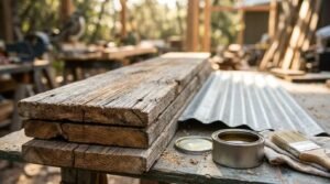 Stack of weathered reclaimed timber planks alongside a sheet of corrugated metal siding, a tin of wood finish, and a paintbrush on a workshop workbench.