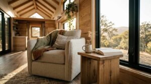 Cozy upholstered armchair with a throw blanket and pillow, placed beside a wooden side table holding an open book and a steaming mug, in a sunlit modern tiny house interior with vaulted ceilings and large windows.