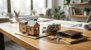 Architectural scale models of a tiny house on wheels and a travel trailer placed on a wooden design studio desk alongside keys, a wallet, a pen, and blueprints in the background.
