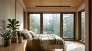 erene master bedroom interior in a luxury tiny home or park model RV featuring a built-in ceiling ventilation register, minimalist wooden framing, and large windows framing a dense forest view.
