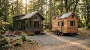 A modern park model RV home with dark wood siding and a smaller tiny house on wheels parked side by side on a gravel clearing in a lush forest.