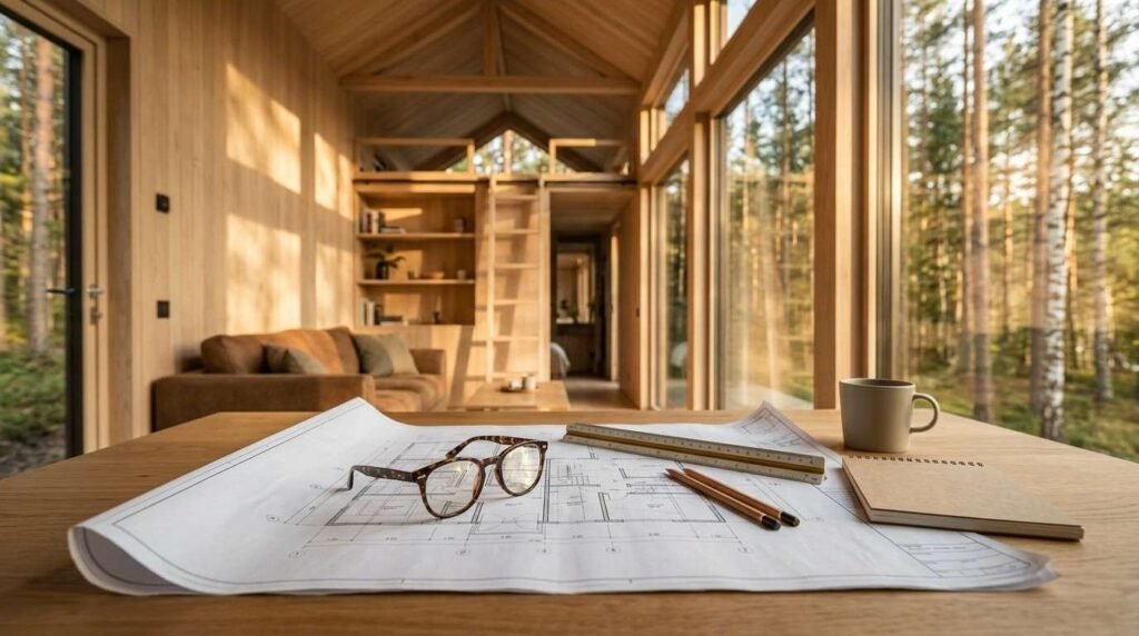 Architectural building plans, glasses, a scale ruler, pencils, and a notebook on a wooden desk inside a modern wooden tiny home with large windows overlooking a forest.