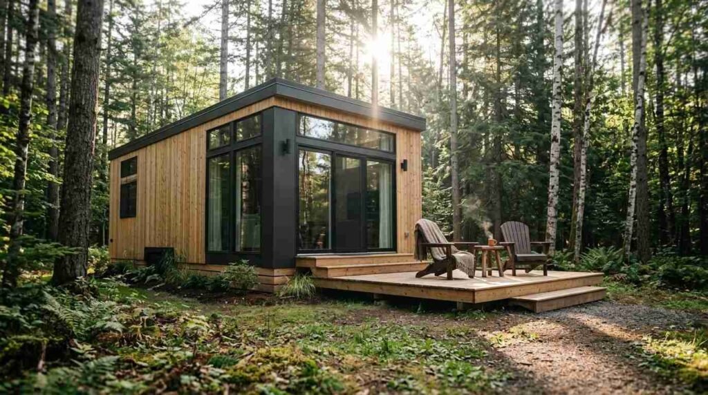 Modern park model RV tiny home nestled in a lush green forest with a wooden front deck, outdoor chairs, and large glass windows filtering sunlight.