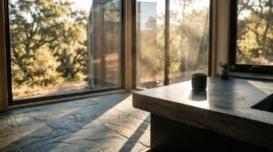 Morning sunlight streaming through expansive floor-to-ceiling windows into a modern tiny house interior, illuminating slate stone tile flooring and a minimalist dark countertop with a coffee mug.