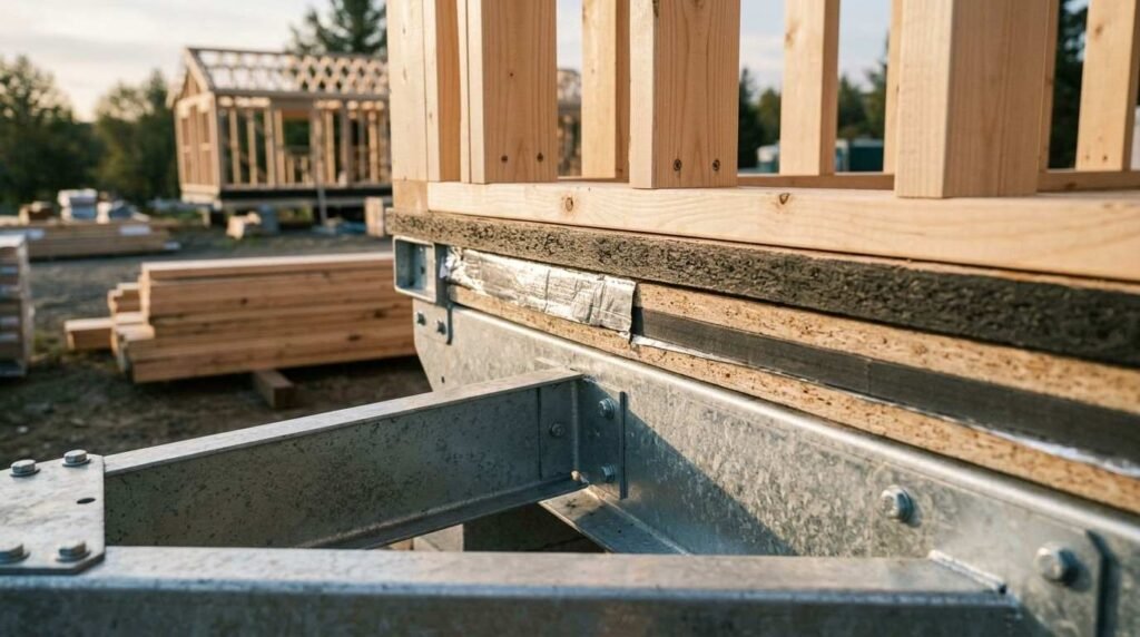 Close-up of galvanized steel chassis framing, subfloor layers, and vertical timber stud walls under construction for a park model RV or tiny home.