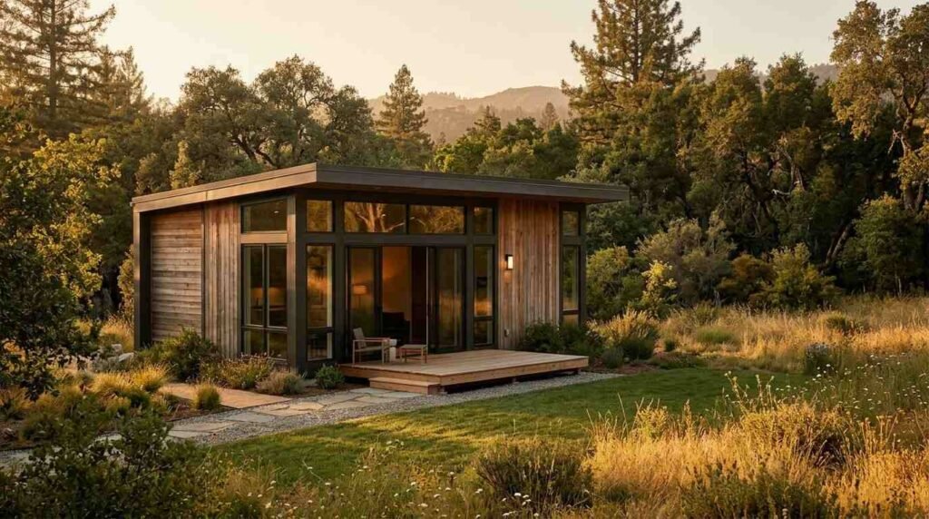 Modern wood siding tiny home and park model cabin with large glass windows, sliding doors, and a small wooden front deck, situated in a lush green natural landscape surrounded by mature trees at sunset.