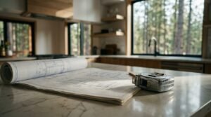 Rolled architectural blueprints and a metal tape measure resting on a stone countertop inside a modern kitchen with a forest view window.