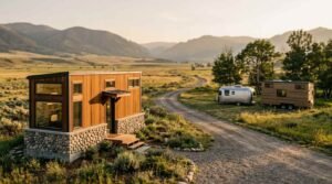 Modern wooden tiny house on a stone foundation with a gravel driveway and mountain landscape backdrop, alongside a silver Airstream camper trailer and a secondary mobile tiny home in the distance.