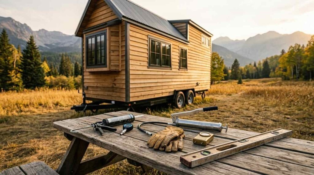 Maintenance tools including a grease gun, caulking gun, level, and work gloves laid out on a wooden picnic table with a tiny house on wheels and mountain landscape in the background.