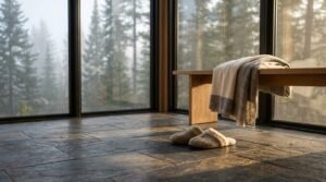 Cozy indoor slippers and a draped blanket resting on textured dark stone radiant heated flooring inside a modern tiny home with large windows overlooking a misty forest.