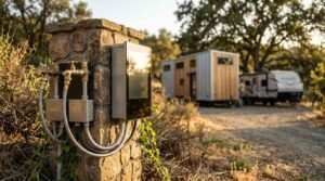 Outdoor utility hookup pedestal mounted on a stone pillar featuring water spigots, electrical conduit boxes, and a smart control interface, with a tiny house and RV parked in the background.