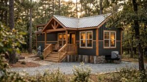 A modern park model RV with dark wood siding, a covered front porch, and stone skirting, nestled in a lush, wooded forest clearing with a stone patio walkway.