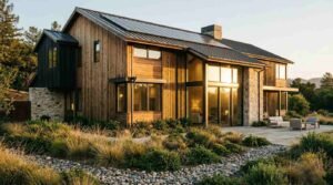 Modern sustainable residential home exterior featuring natural wood and dark siding, stone accents, large glass windows, solar panels on the metal roof, and a landscaped drought-tolerant garden with a stone patio.