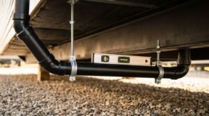 Spirit level placed on a suspended black ABS drain pipe secured with threaded hangers beneath the steel chassis of a tiny home or park model RV.