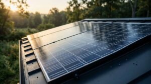 Close-up of high-efficiency photovoltaic solar panels mounted on a modern dark metal standing seam roof during sunrise with a natural forest background.