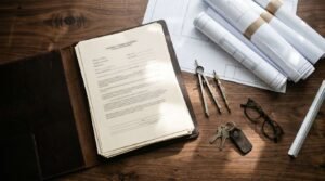 Architectural blueprints, a leather portfolio, drafting compasses, eyeglasses, keys, and a scaling ruler arranged on a wooden desk.