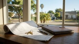 Architectural framing blueprints rolled out on a wooden desk with a set of house keys, a fountain pen, glasses, and a leather notebook, positioned in front of a sunny window overlooking a suburban neighborhood.