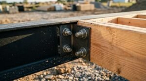 Close-up of a bolted steel bracket connecting a heavy-duty steel I-beam trailer chassis to a wooden floor joist for a tiny home or park model RV.