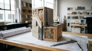 Architectural cross-section wall insulation model displaying framing studs, fiberglass insulation layers, and exterior cladding on a drafting table with blueprints and measurement tools.