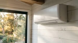 Wall-mounted ductless mini-split heat pump unit installed on white wood shiplap interior walls next to a window overlooking outdoor greenery in a modern tiny home.