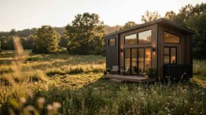 Modern prefab tiny home and park model RV with a wooden deck and large glass windows situated in a scenic open meadow during golden hour.