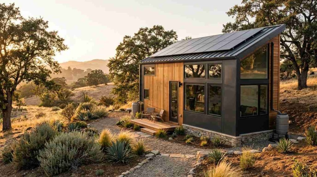Sustainable off-grid tiny house set in a rural landscape, featuring rooftop solar panels, dark metal roofing, wood cladding, large windows, and rainwater collection barrels.