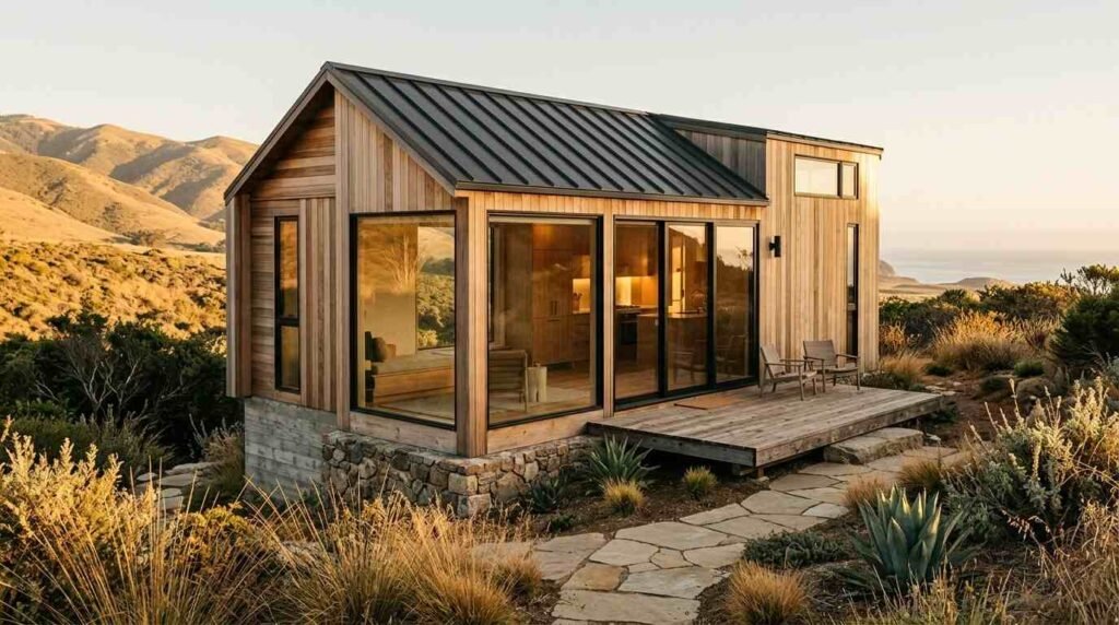 Exterior view of a contemporary tiny house featuring warm wood siding, a dark metal roof, expansive floor-to-ceiling glass windows, a raised wooden deck, and a stone foundation set in a coastal hillside landscape.