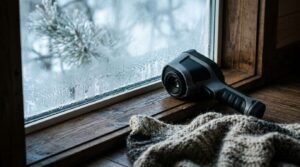 Handheld thermal imaging camera resting on a wooden windowsill next to a double-pane glass window covered in condensation during a cold winter inspection.