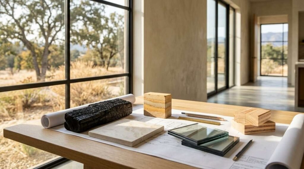 Wooden design studio table featuring architectural floor plans, charred wood siding, a rammed earth block, stone tile, laminated glass samples, and stacked timber blocks with a sunlit modern interior and outdoor landscape view.